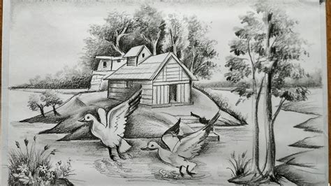 10 easy steps to draw Pencil Nature Scenery Drawing.